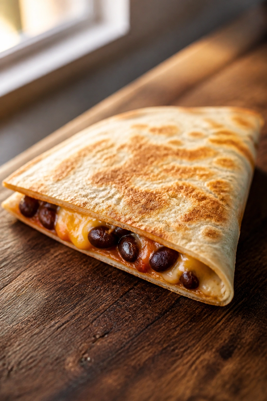 Close-up of a mini bean and cheese quesadilla triangle on a rustic wooden cutting board