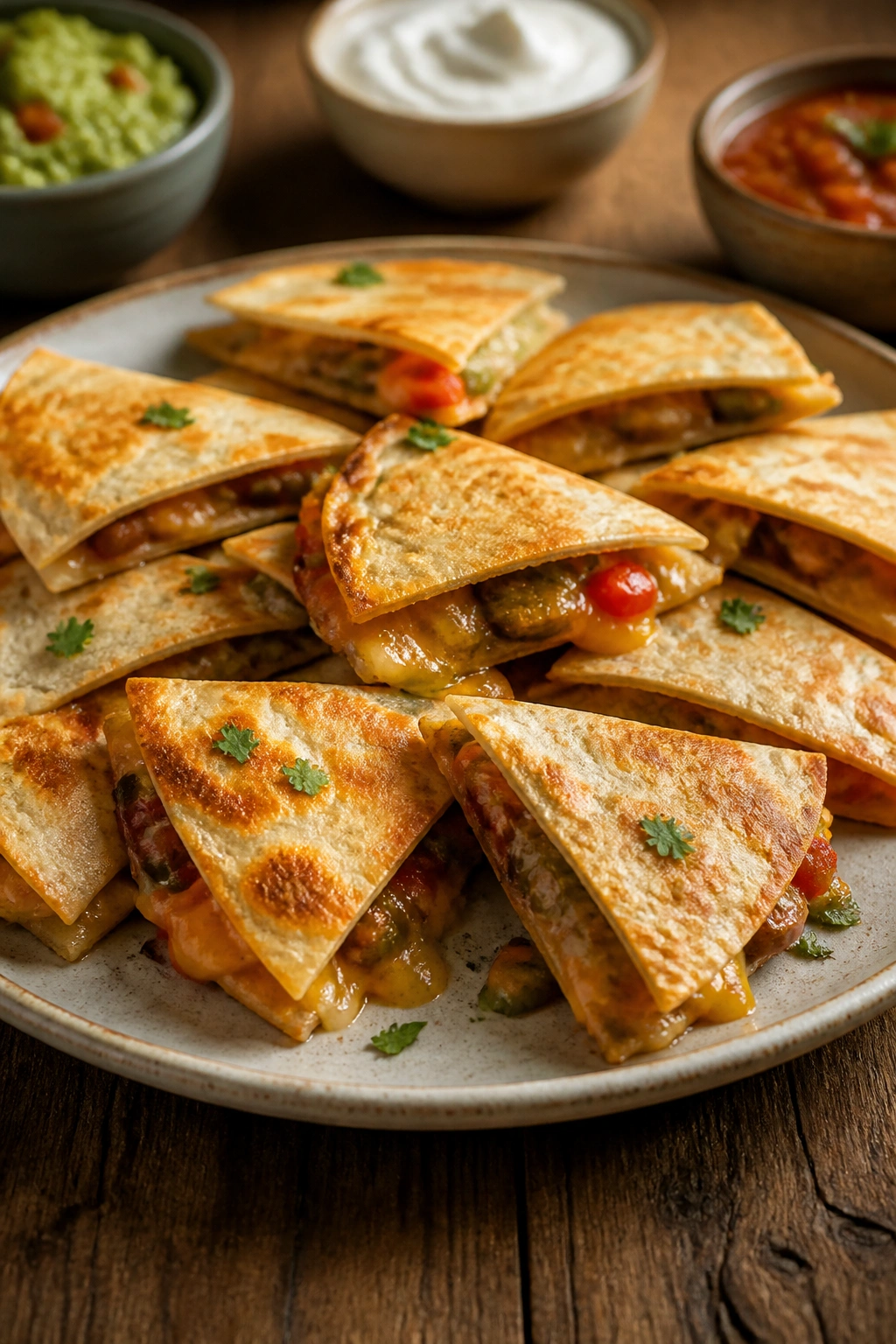 Mini quesadillas cut into triangles on a plate