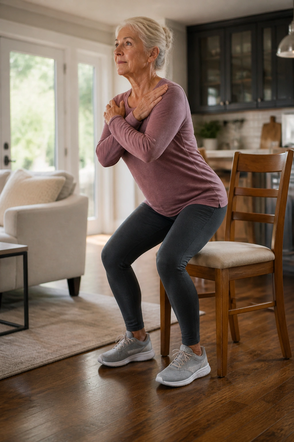 Older adult performing mini squats in front of a chair
