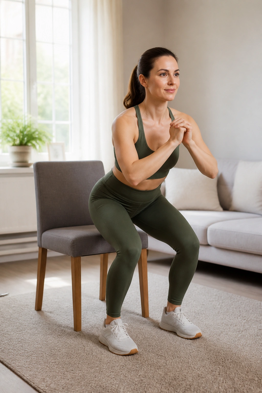 Real person performing mini squats with a chair behind in a bright home
