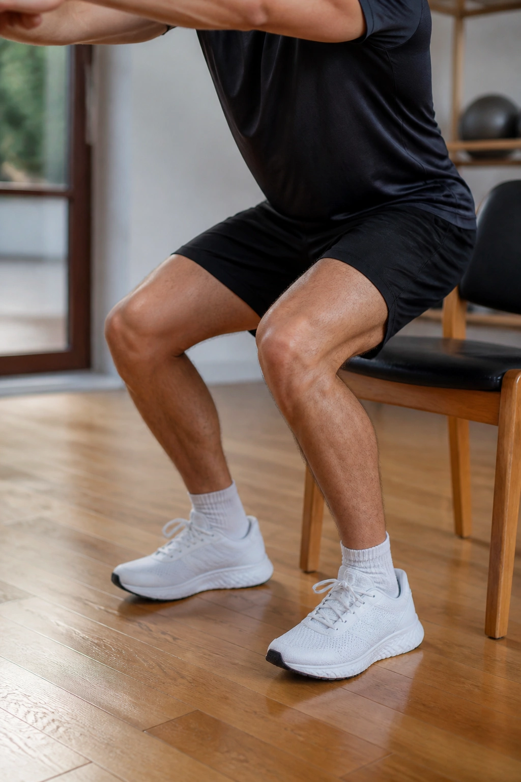 Real person performing a shallow knee-friendly squat with a chair in a rehab setting