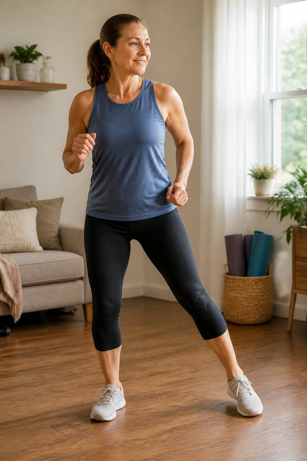 Real person performing mini step-touches at home in a cozy living room