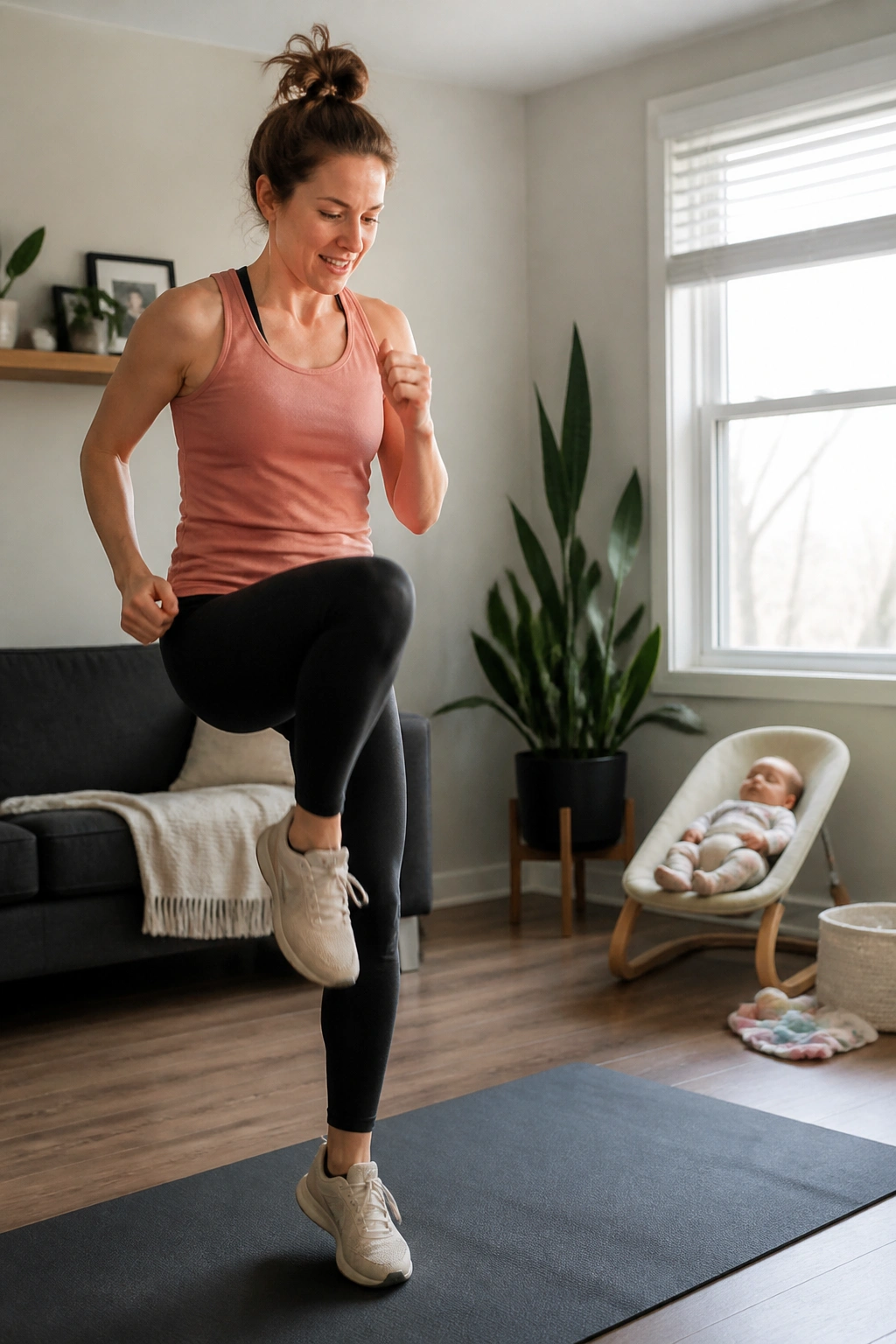 Medium close-up of a person performing a four-minute Tabata at home with baby nearby
