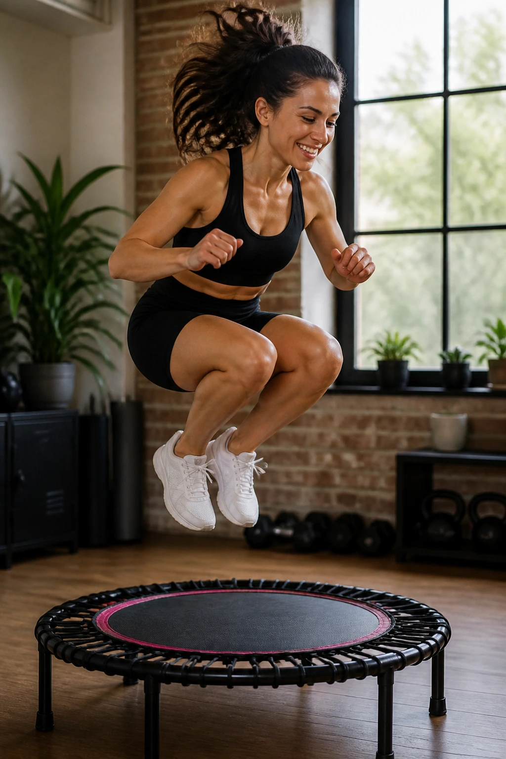 Real person mid-bounce on a mini-trampoline in a cozy home gym with natural daylight