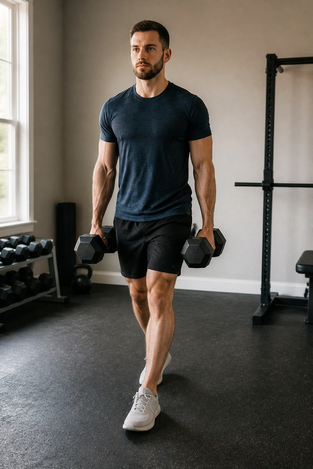 Real person doing farmer walk with dumbbells in a compact home gym