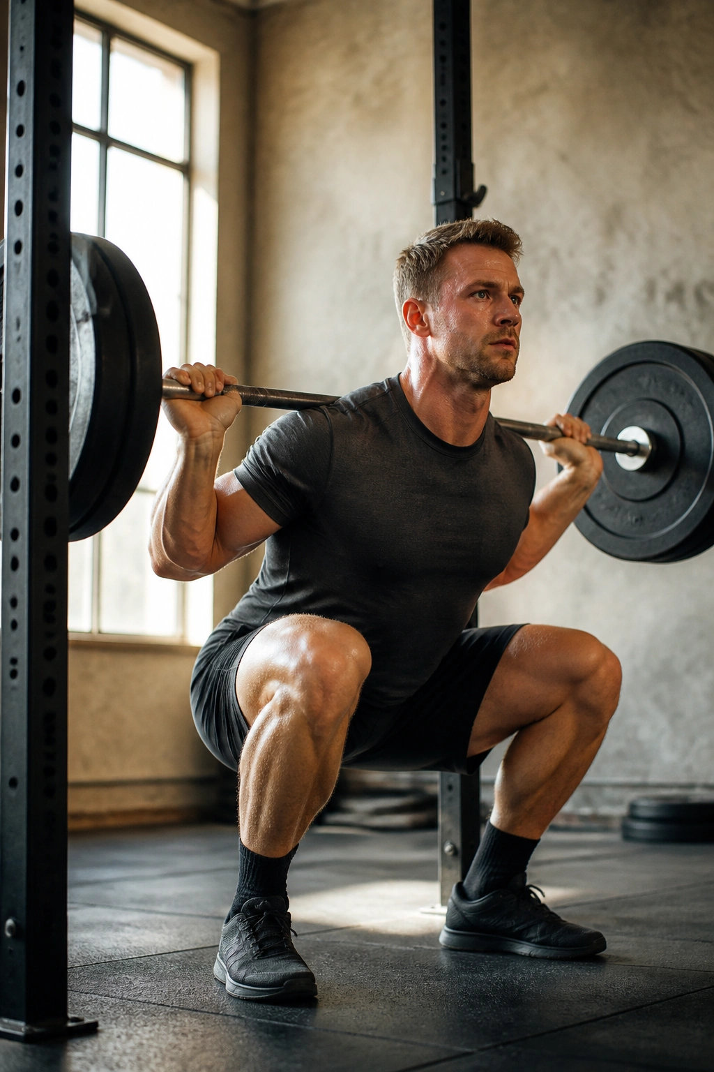 Athlete performing squat in a minimalist gym for two-day plan