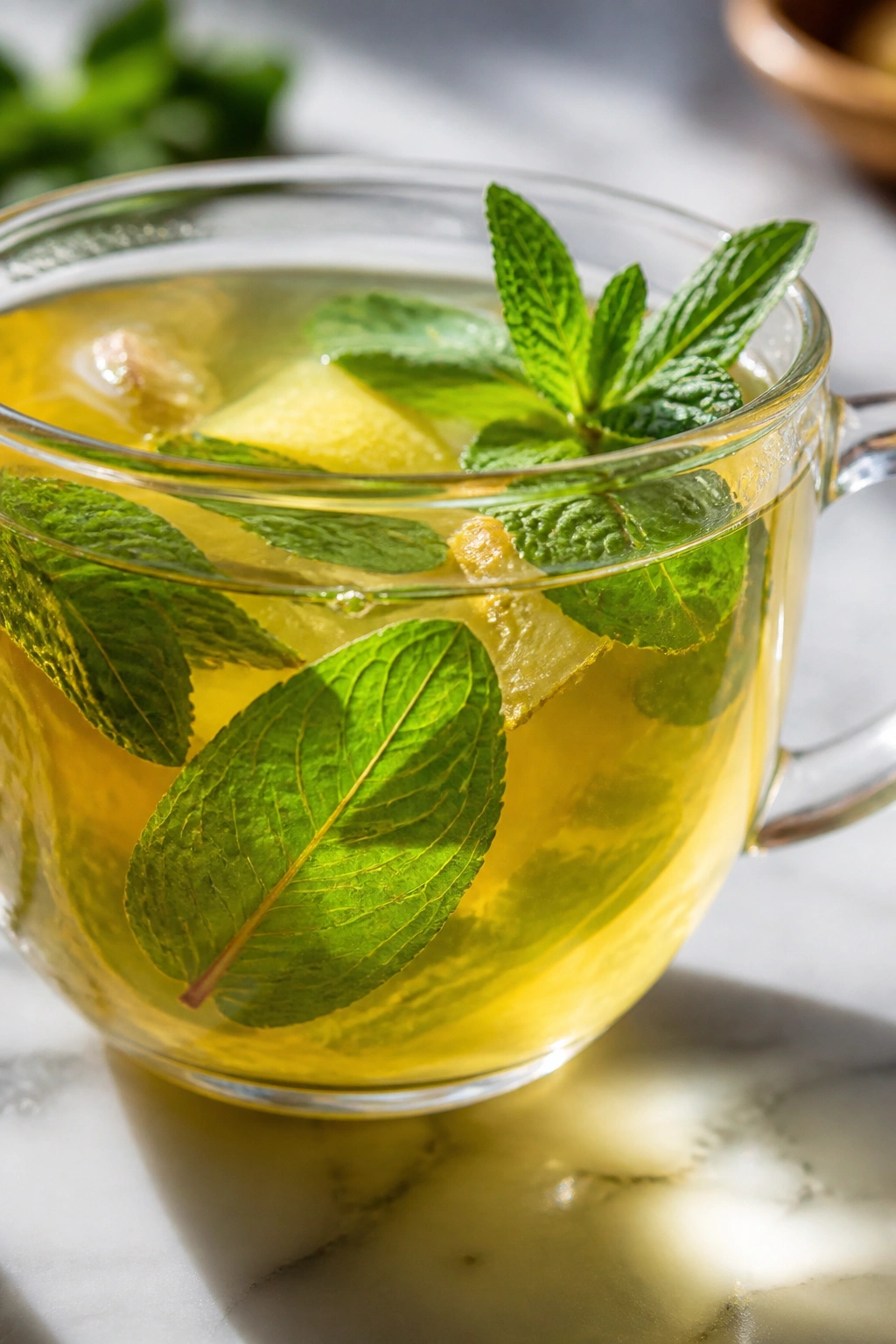 Close-up of fresh mint lemon ginger turmeric tea in a glass cup with mint visible