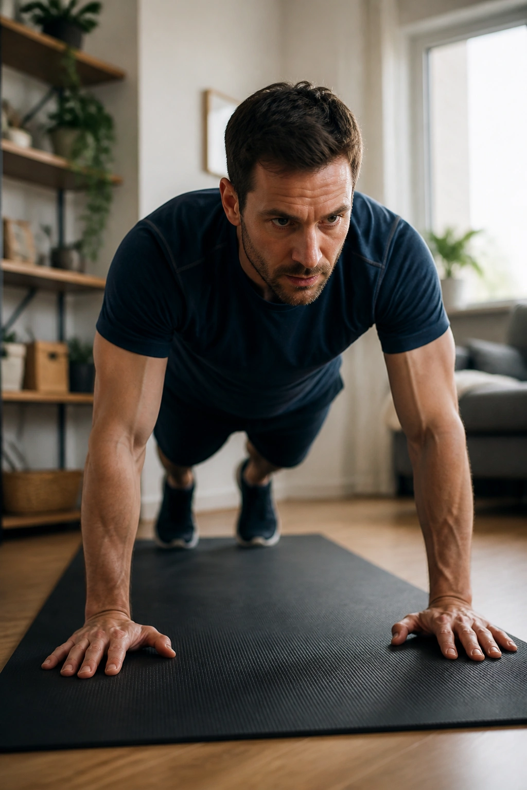 Real person performing push-up in home gym