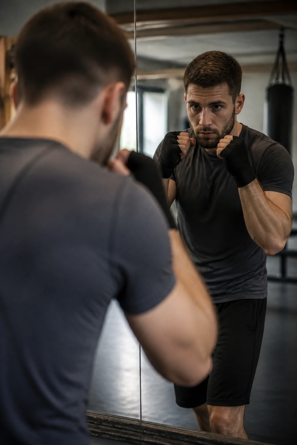 Boxer in front of a mirror checking chin, guard height, and shoulder alignment