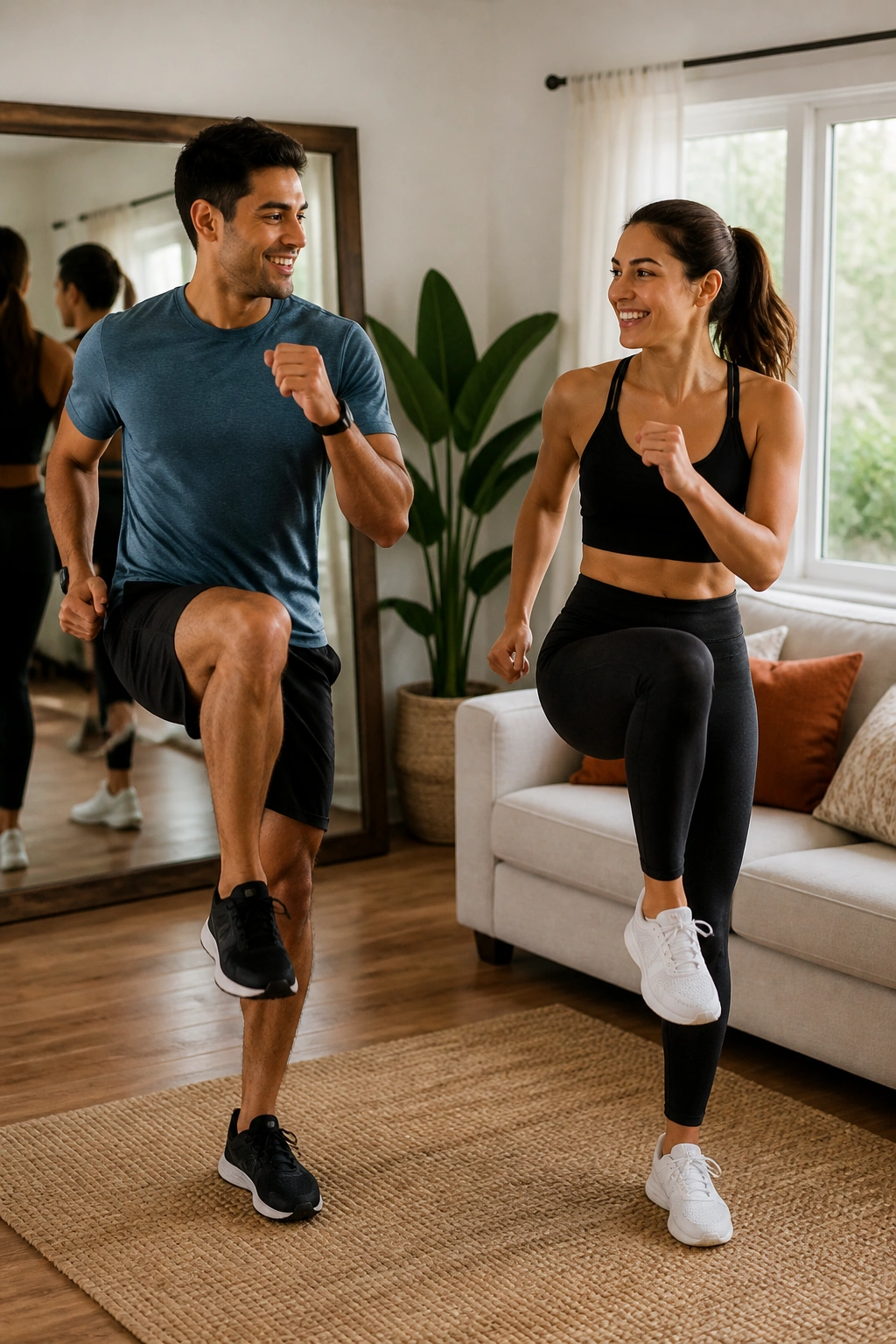 Two adults performing a mirror or partner circuit in a bright living room