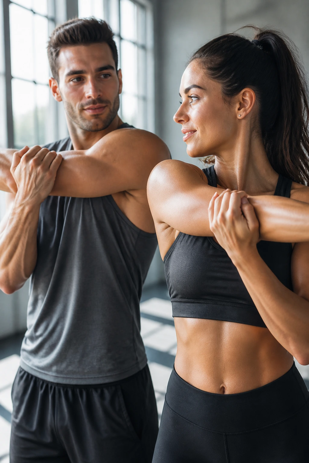 Close-up portrait-style image of two athletes performing mirrored warm-up moves in a bright gym