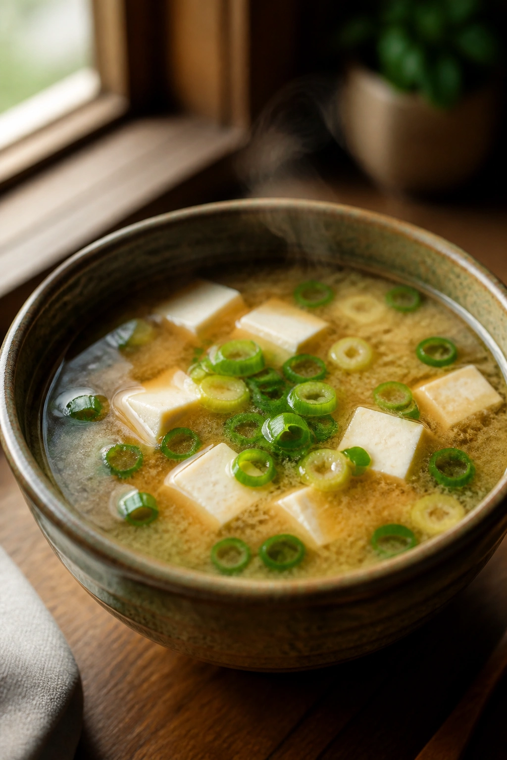 Close-up of miso soup with tofu and scallions in a bowl