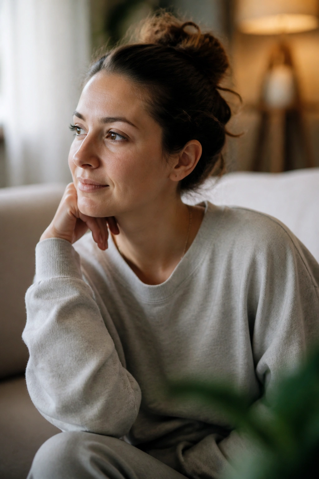 Close-up portrait of a calm mom in a cozy living room