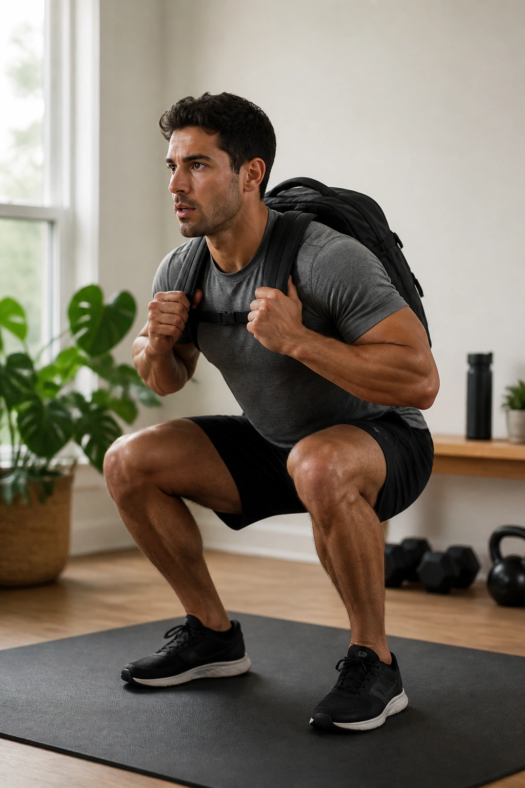 Medium close-up of a person performing a weighted squat with backpack in a simple home workout area