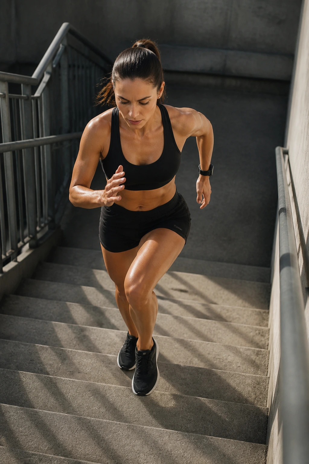 Athlete performing a mixed-direction stair circuit on stairs.