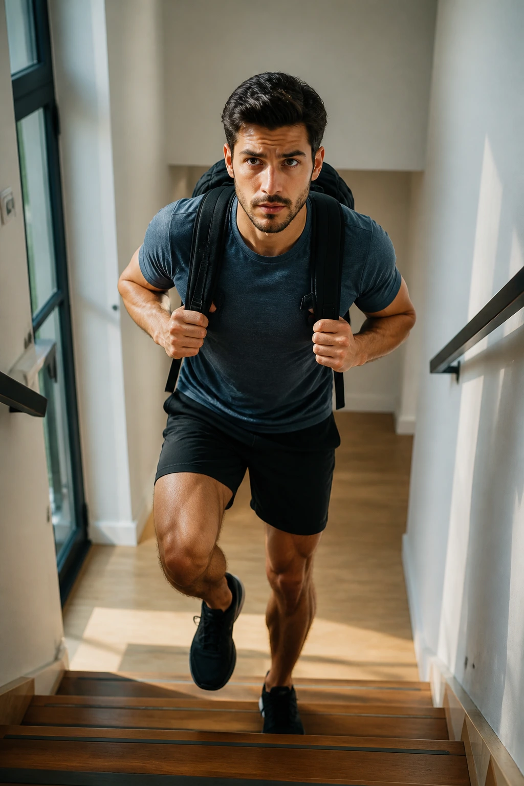 Person performing step-ups with a backpack in a hallway during a circuit