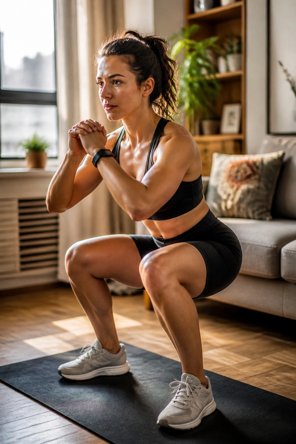 Real person doing a squat in a small home living area for a mixed-modality finisher