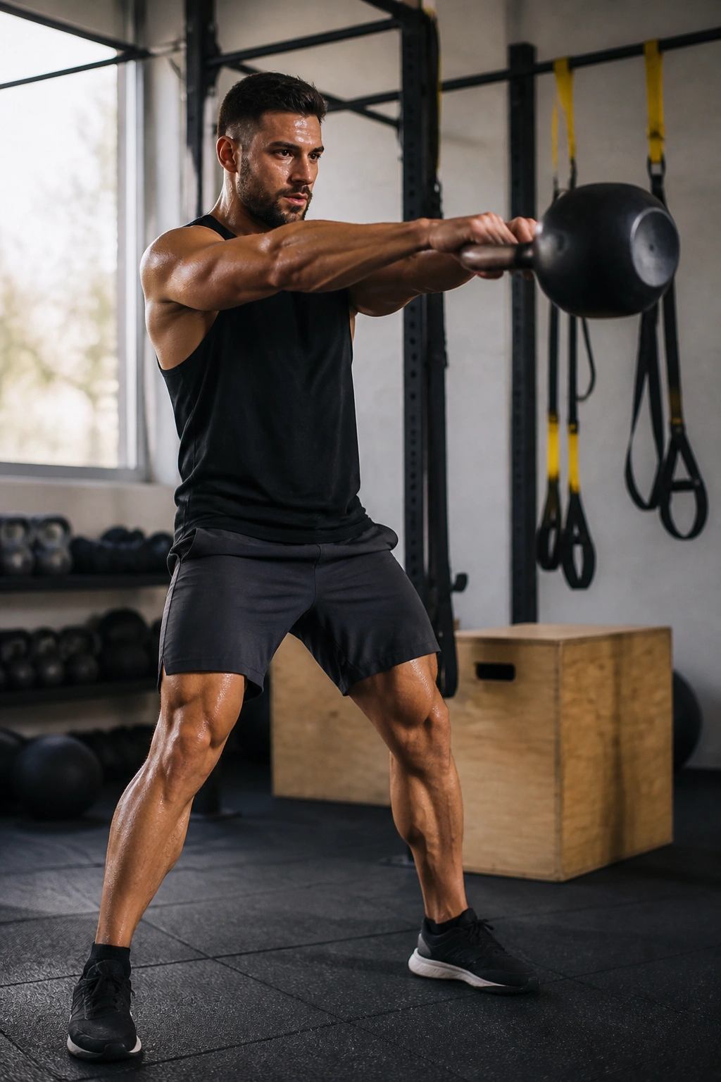 Athlete performing kettlebell swing as part of mixed-modality routine in gym.