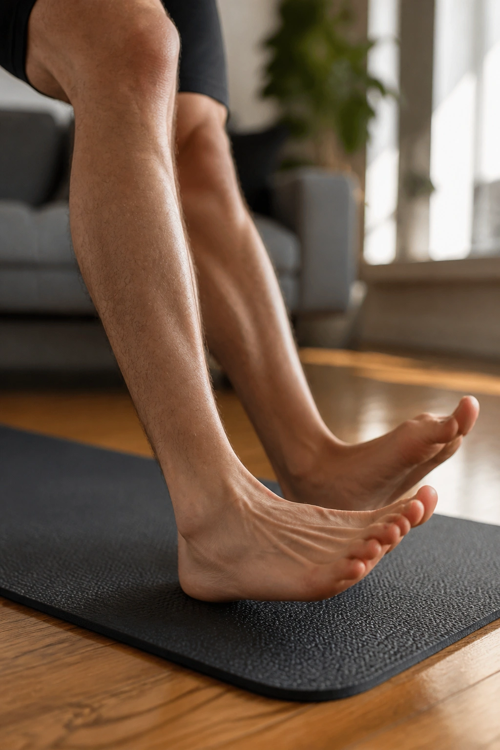 Close-up of ankle mobility exercise in a cozy home setting with natural light