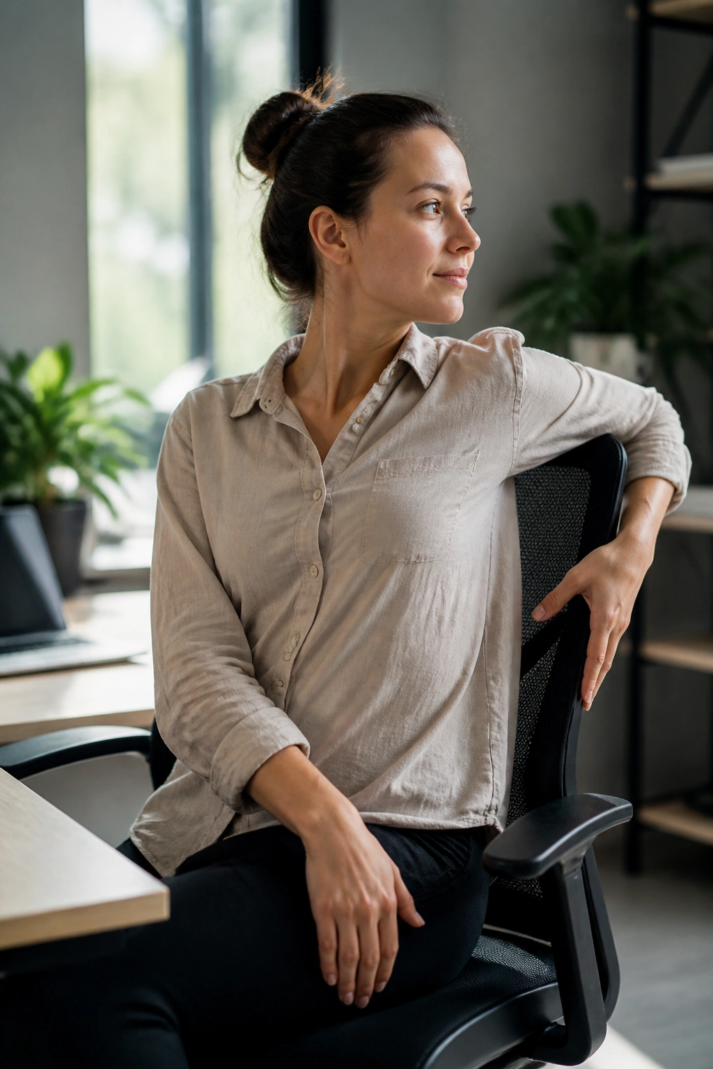Person doing a thoracic rotation during a mobility break at a desk.