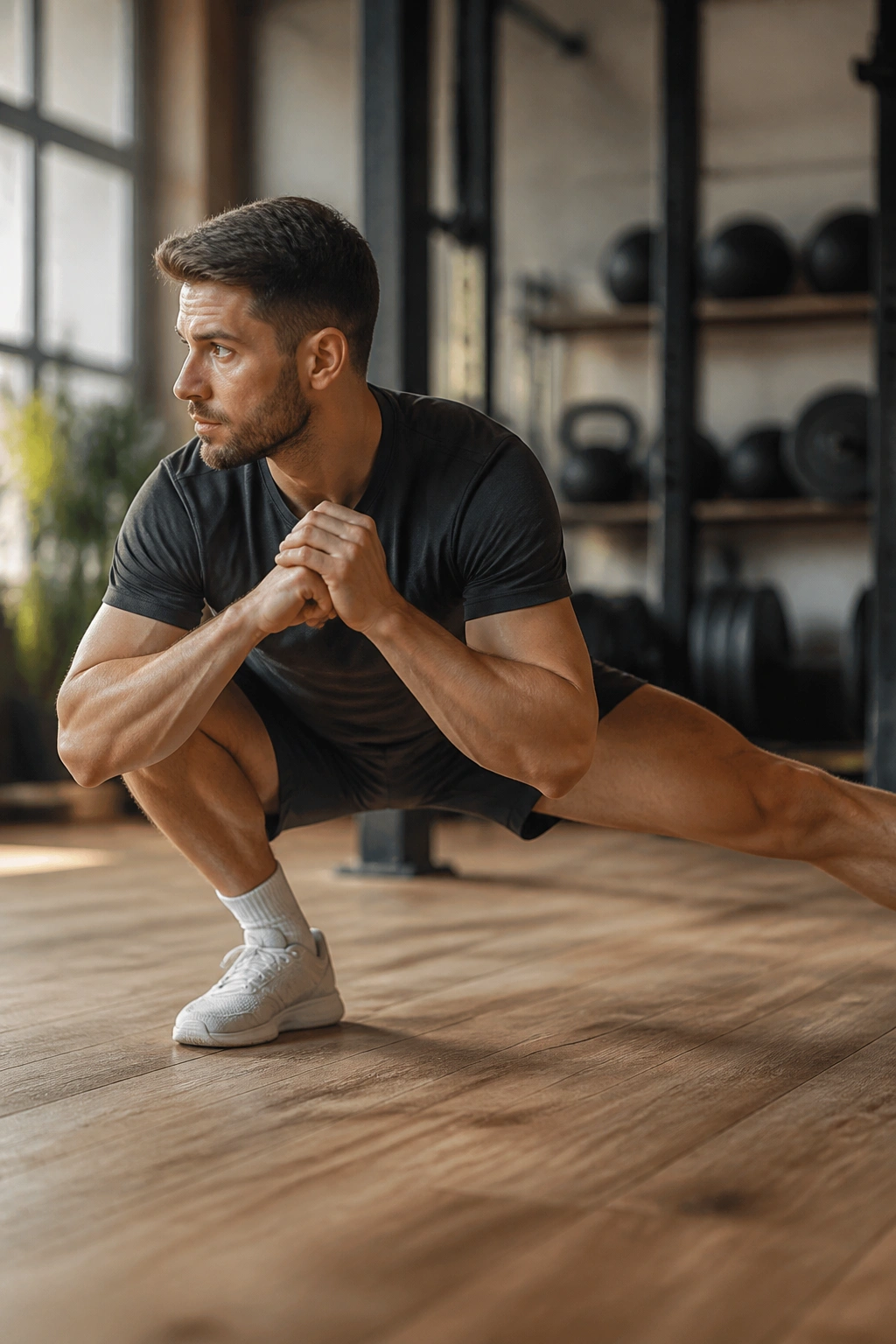 Person performing Cossack squats in gym focusing on mobility