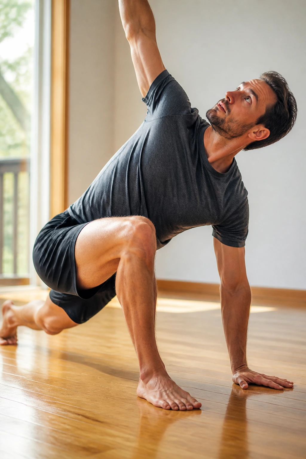 Close-up of a person performing a floor flow mobility move in a living space