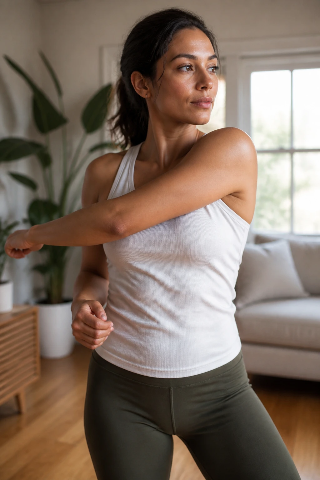 Close-up of a real person performing a gentle five-minute mobility flow in a cozy living room