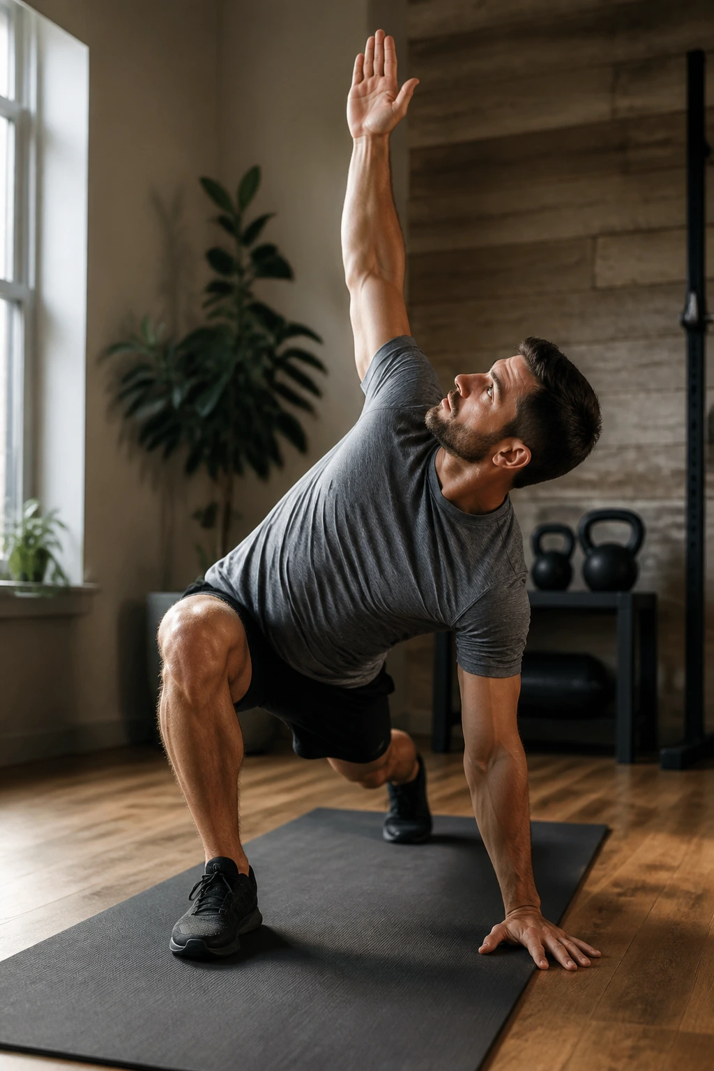 Real person performing world’s greatest stretch on a yoga mat in a home gym