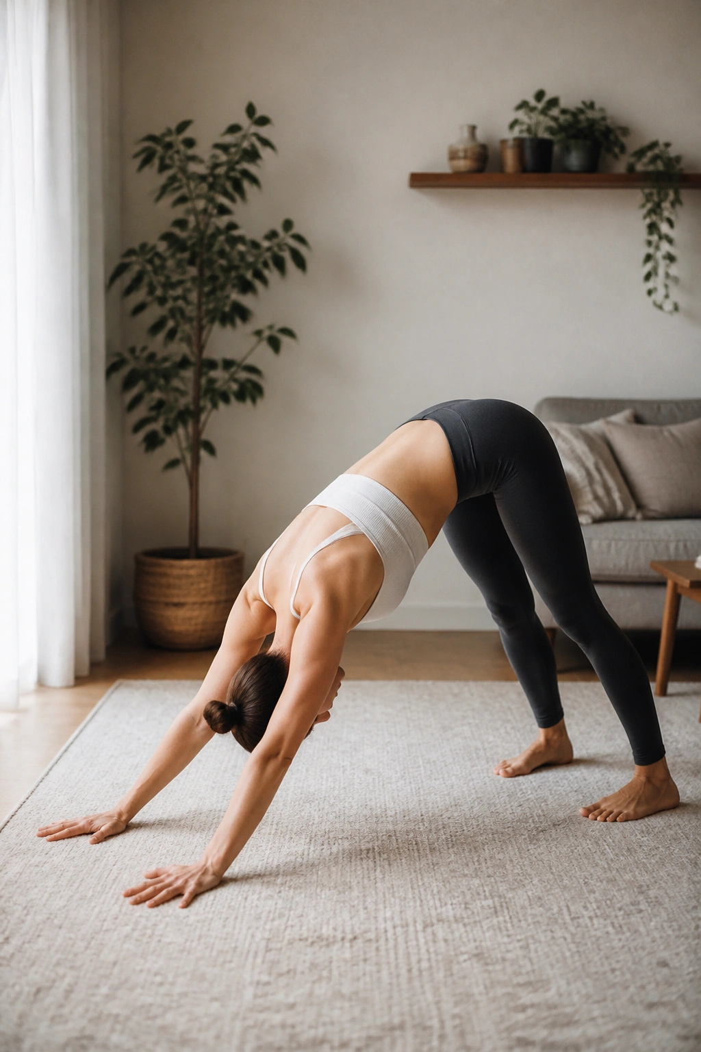 Real person performing mobility flow poses like cat-cow and downward dog in a cozy home