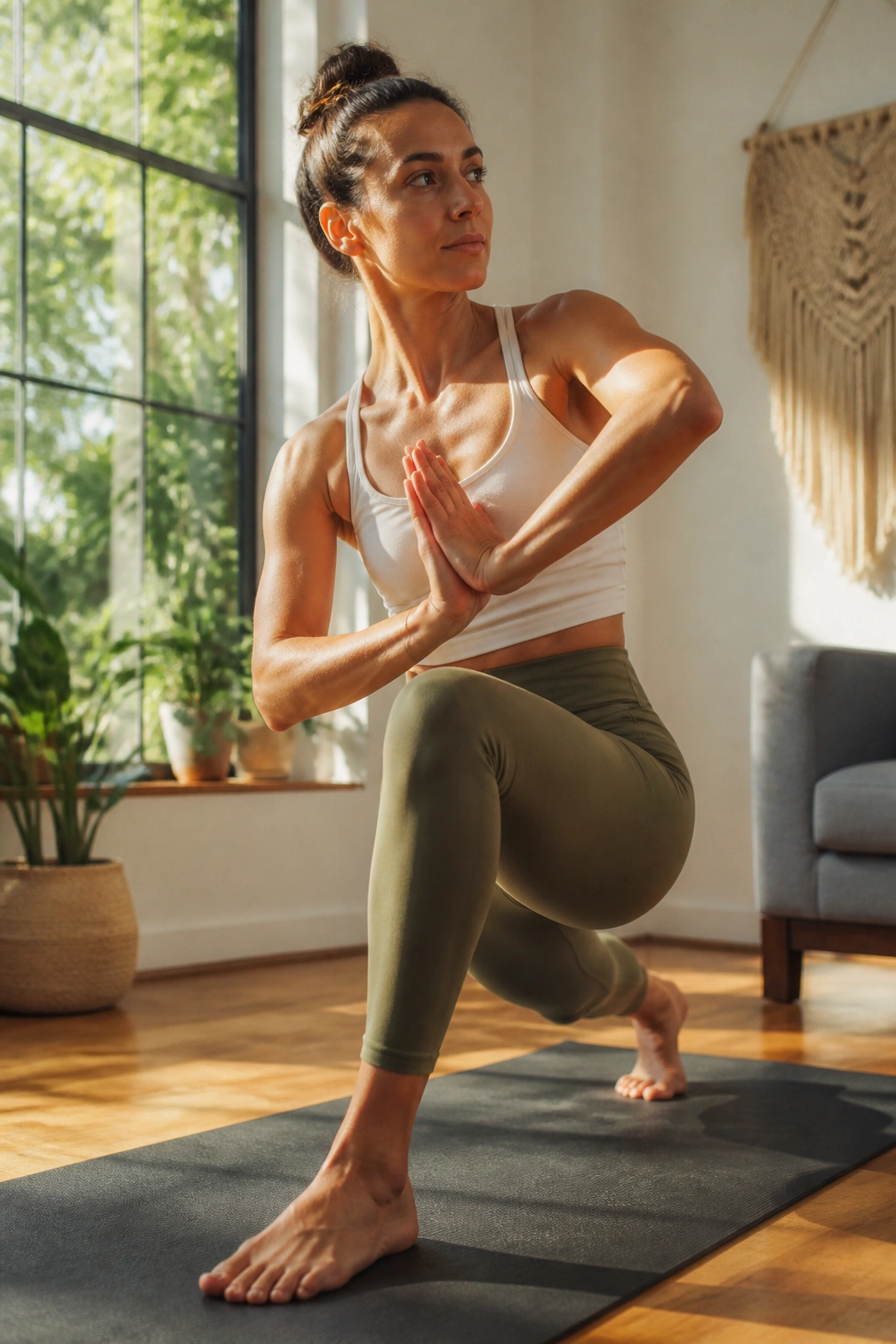 Full-body portrait of a person in a yoga-pilates flow pose in a sunlit living room