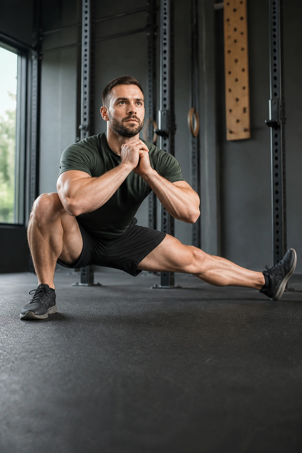 Person performing a deep Cossack squat emphasizing mobility