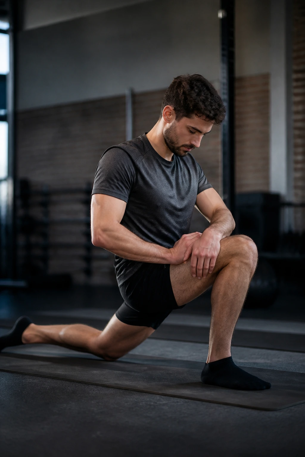Person on gym mat performing hip flexor stretch during mobility session