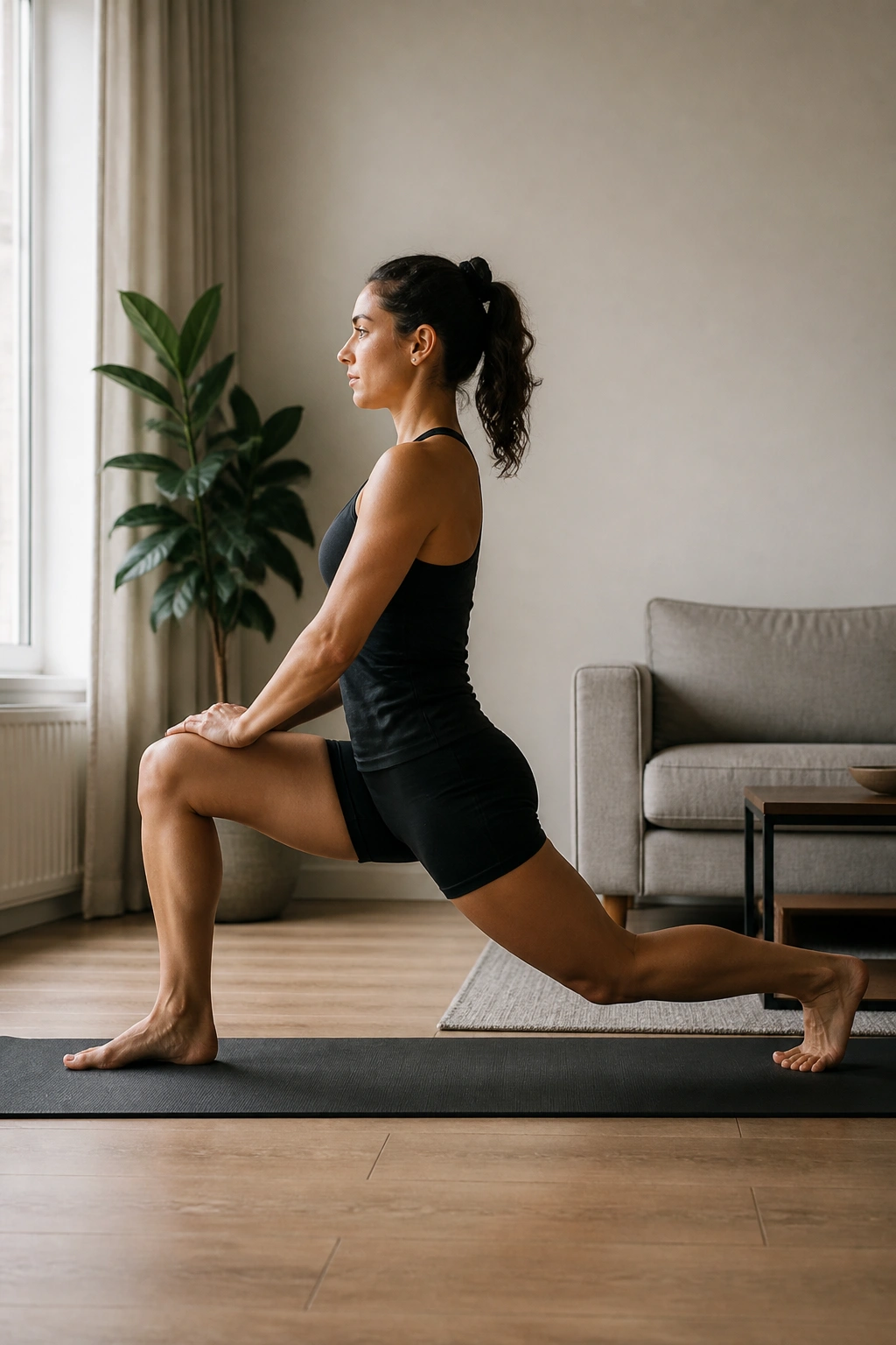 Person performing a slow controlled lunge on a mat