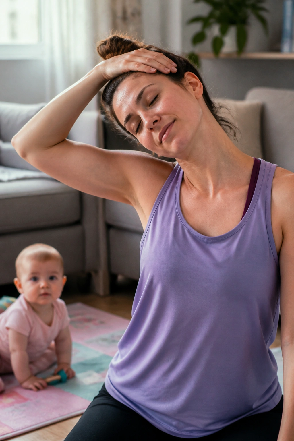 Close-up of a parent performing a neck stretch with a baby nearby on a play mat in a softly lit living room