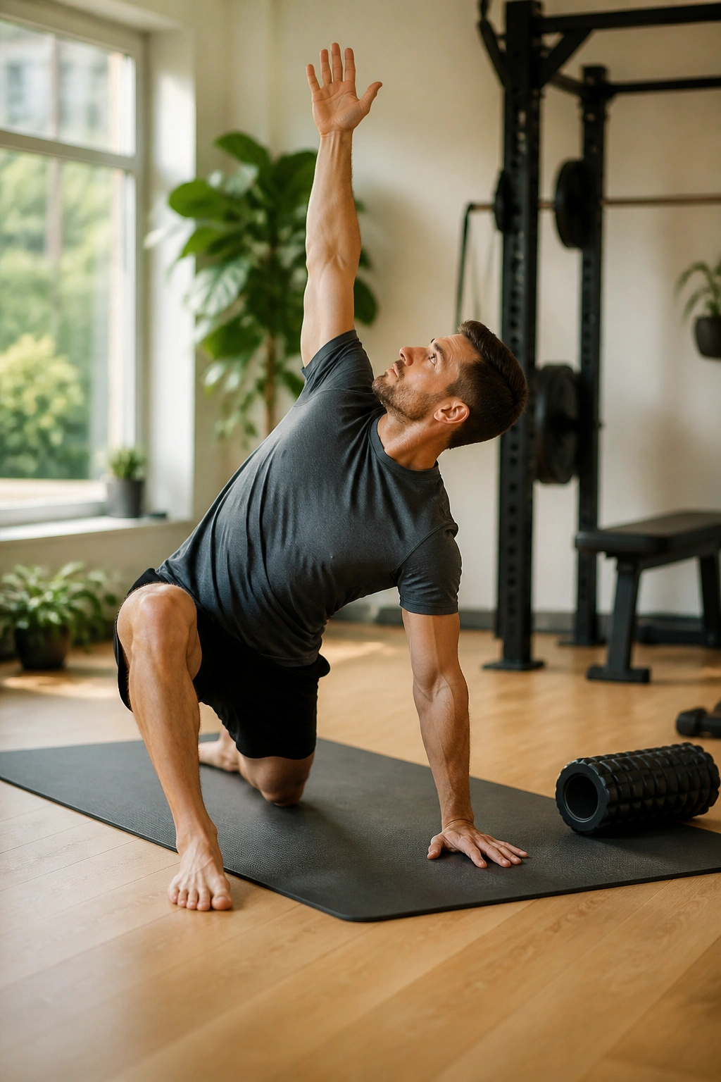 Person on mat performing mobility flow in bright gym with foam roller nearby.
