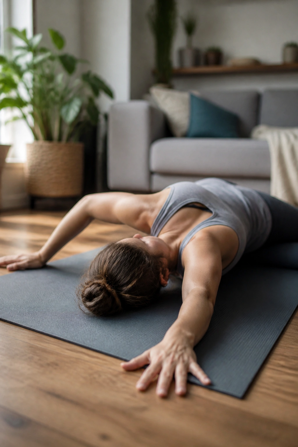 Shoulder mobility exercise on a yoga mat in a living room