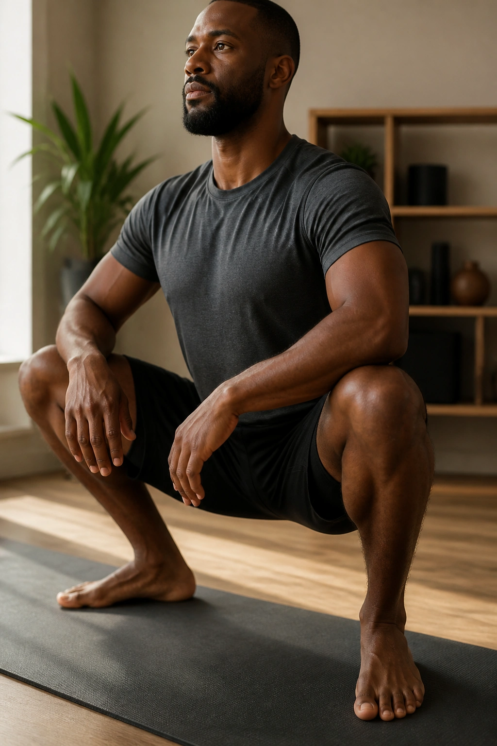 Close-up of person in deep bodyweight squat hold in home mobility space