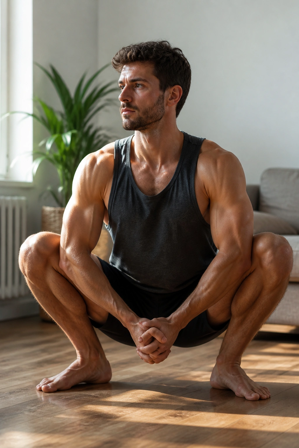 Close-up of a person in a deep squat hold, hip and ankle mobility focus in a sunlit living room.