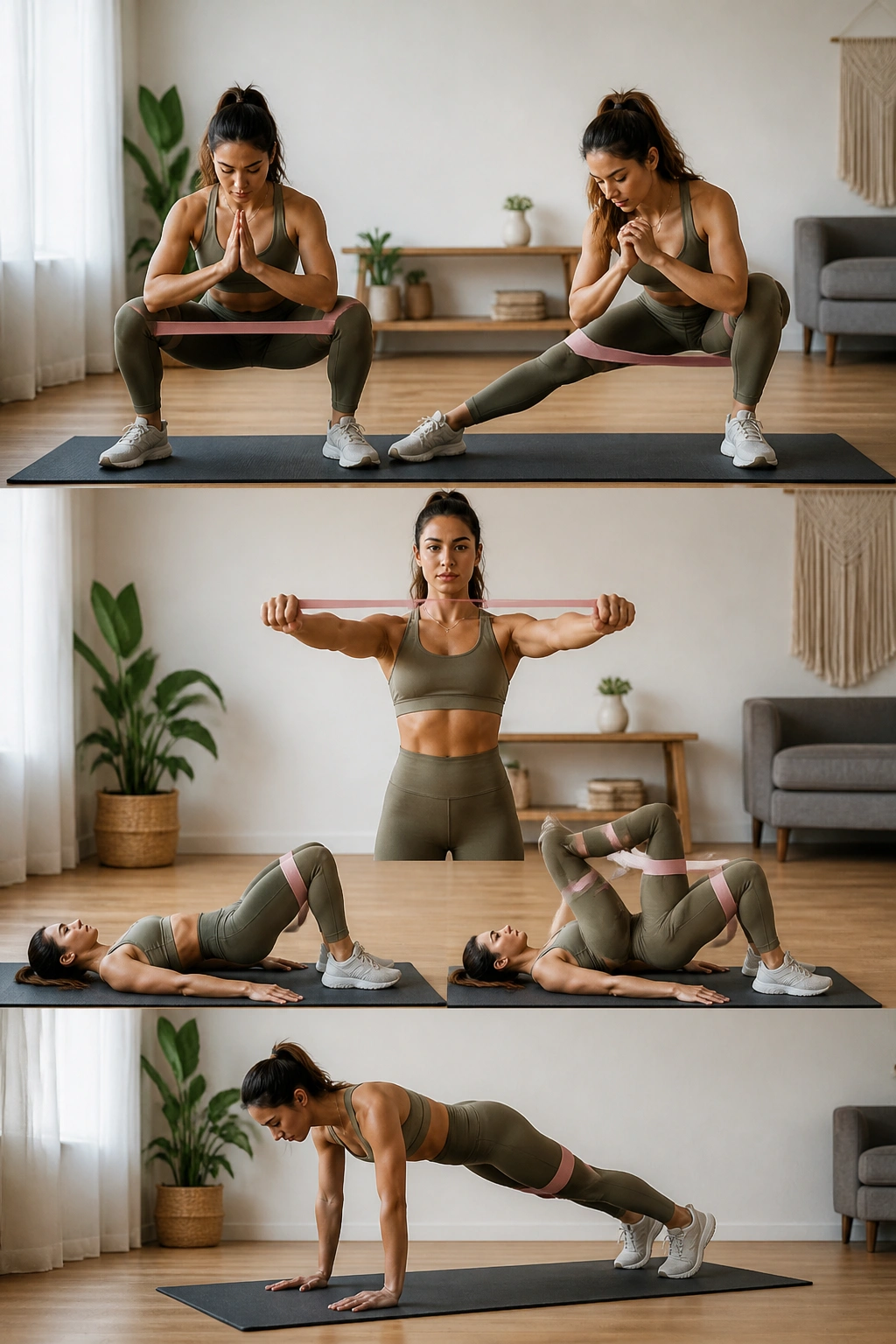 Person performing mobility-strength flow on a mat in a home setting