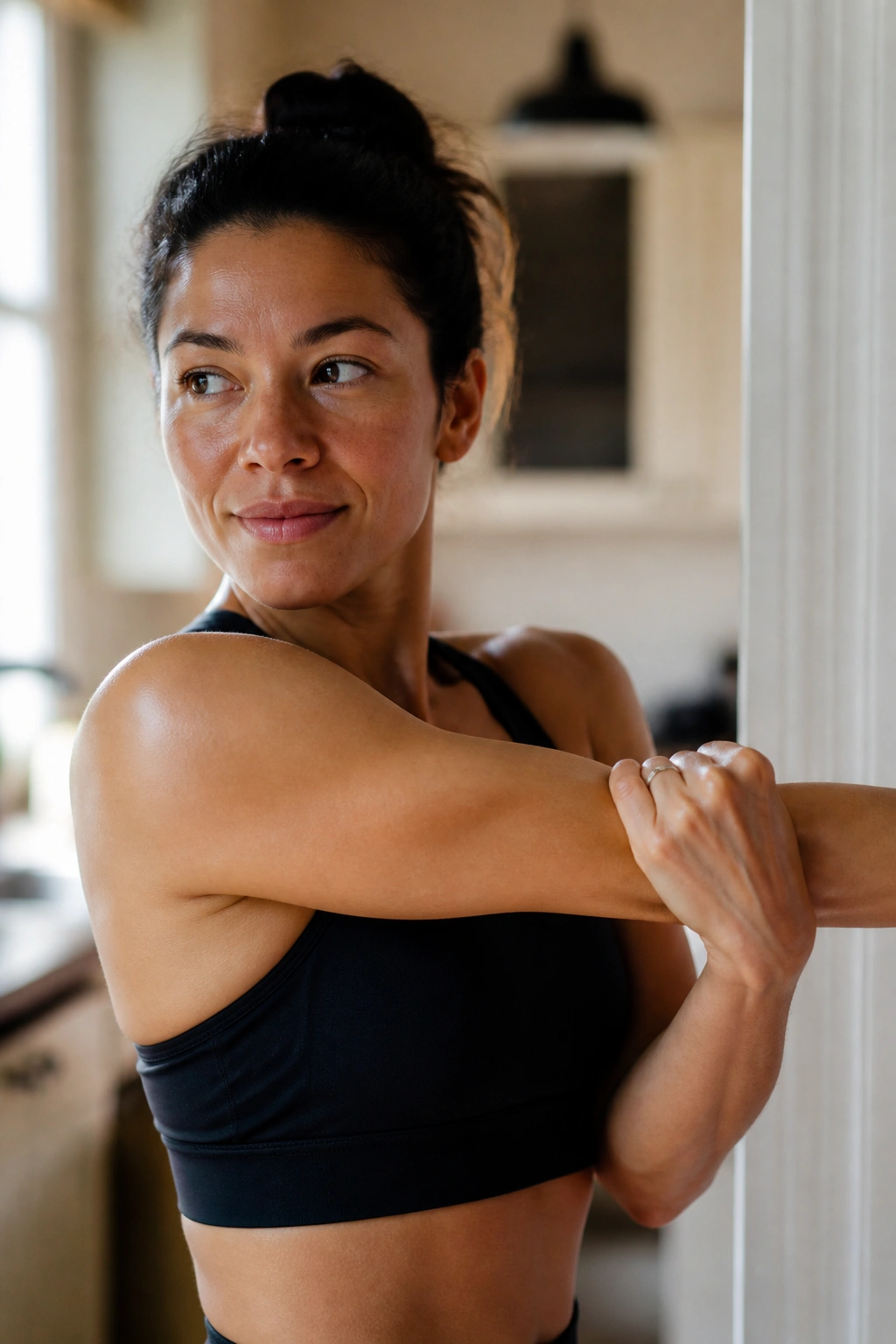 Close-up of a person performing a doorway shoulder stretch in a home setting