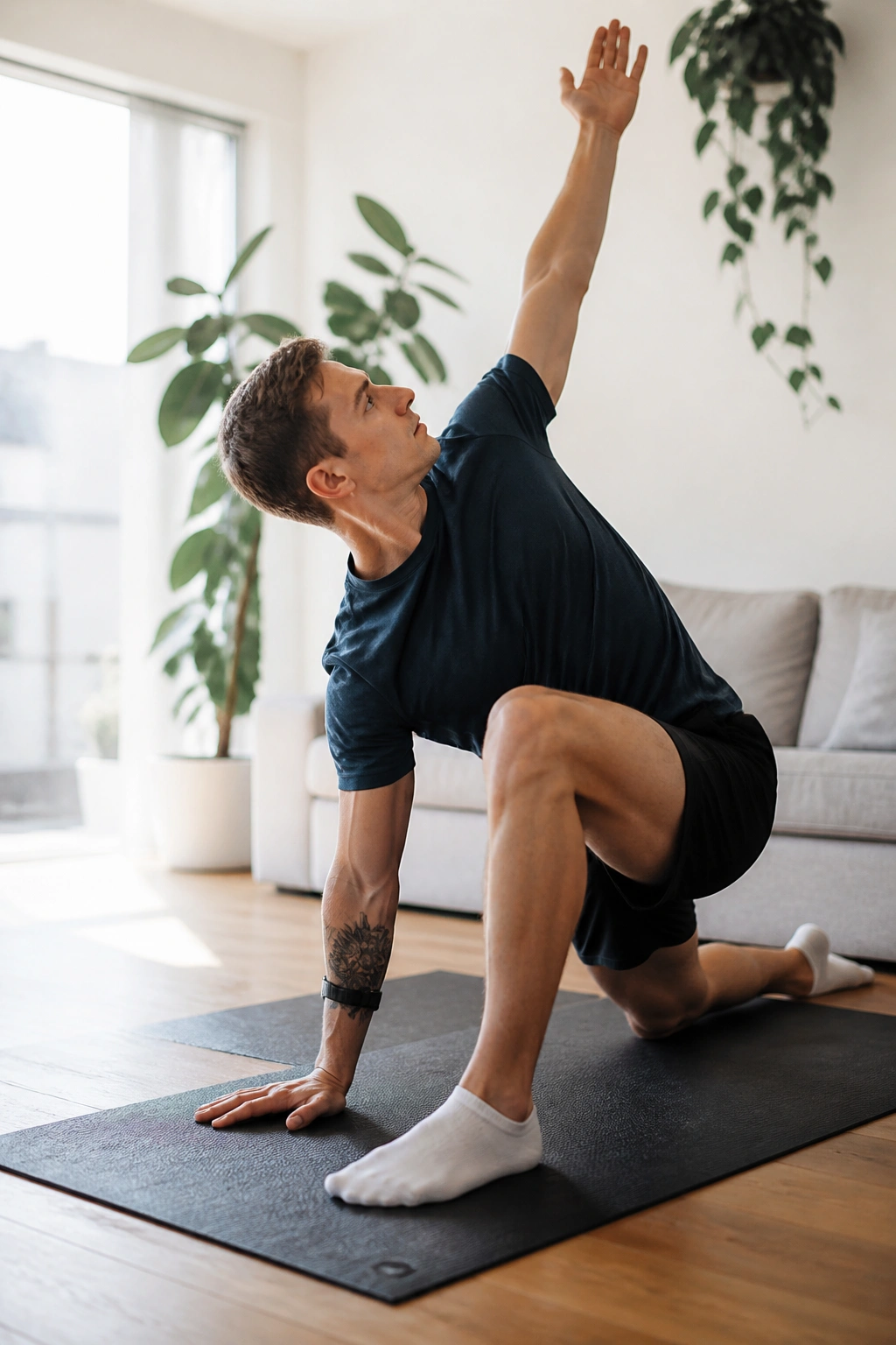 Person performing mobility drills in a bright living room