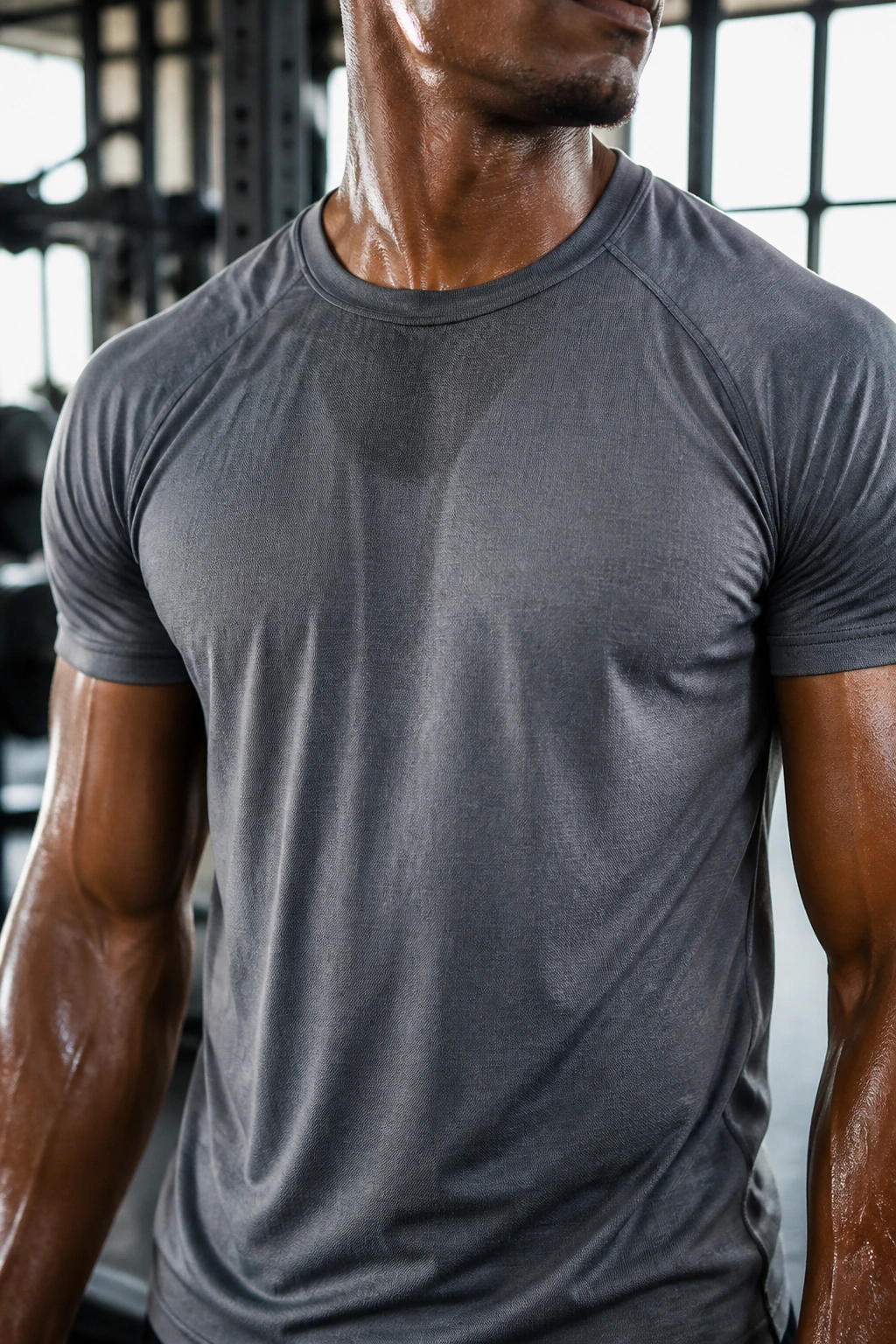 Close-up of a moisture-wicking shirt on a person during a workout with visible fabric texture