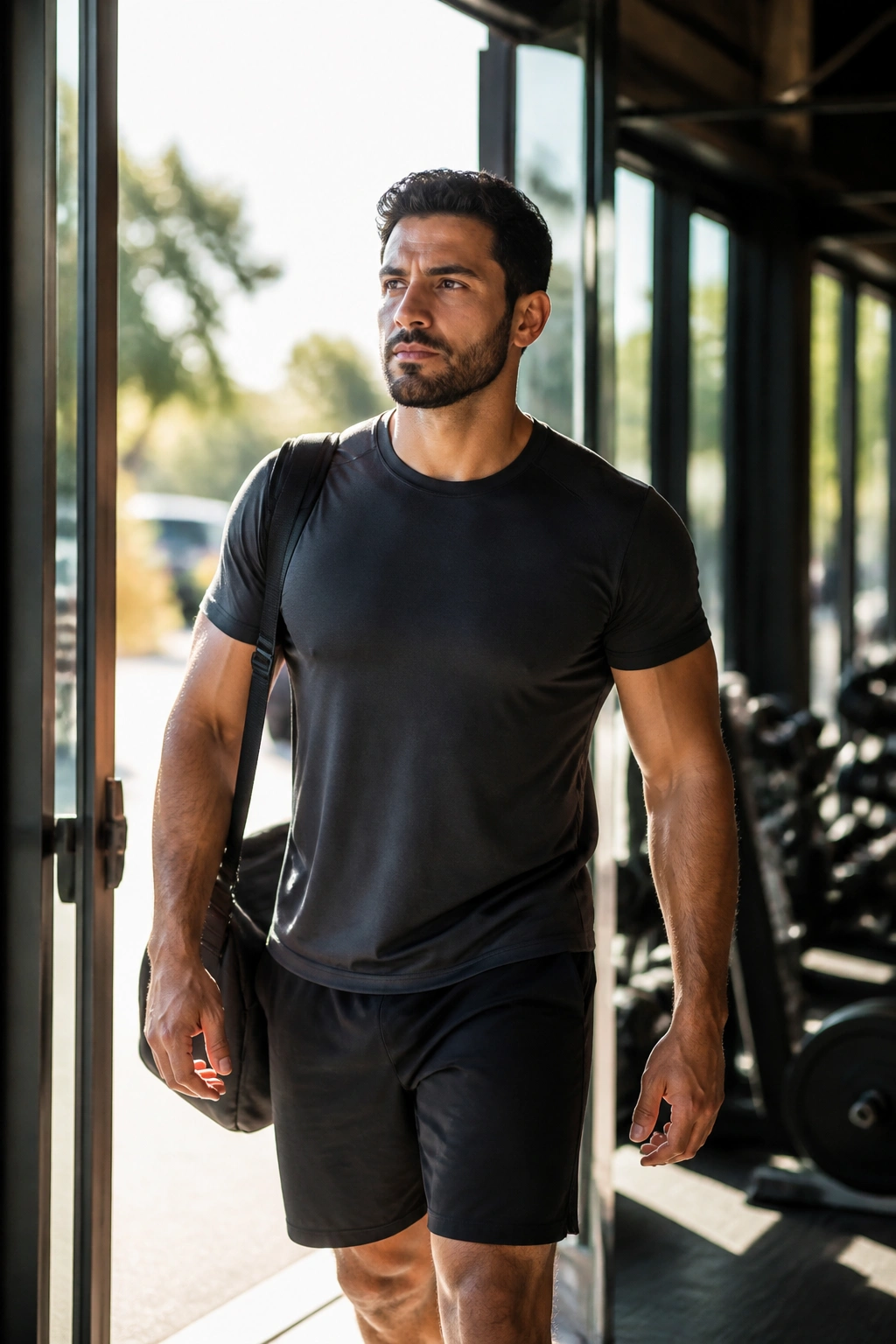 Close-up of a focused athlete ready to train in a sunlit gym