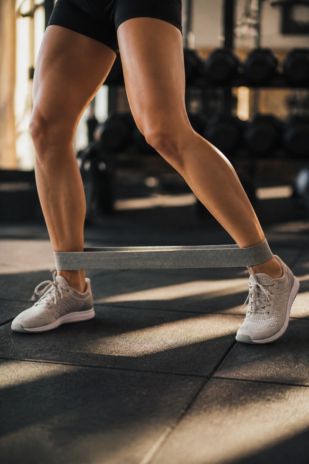 Close-up of legs with ankle resistance bands during a banded monster walk