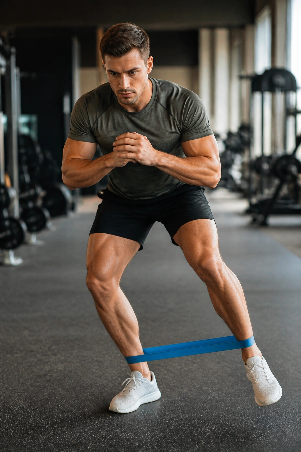 Real person performing monster walks with ankle resistance band in a gym, focusing on glute engagement