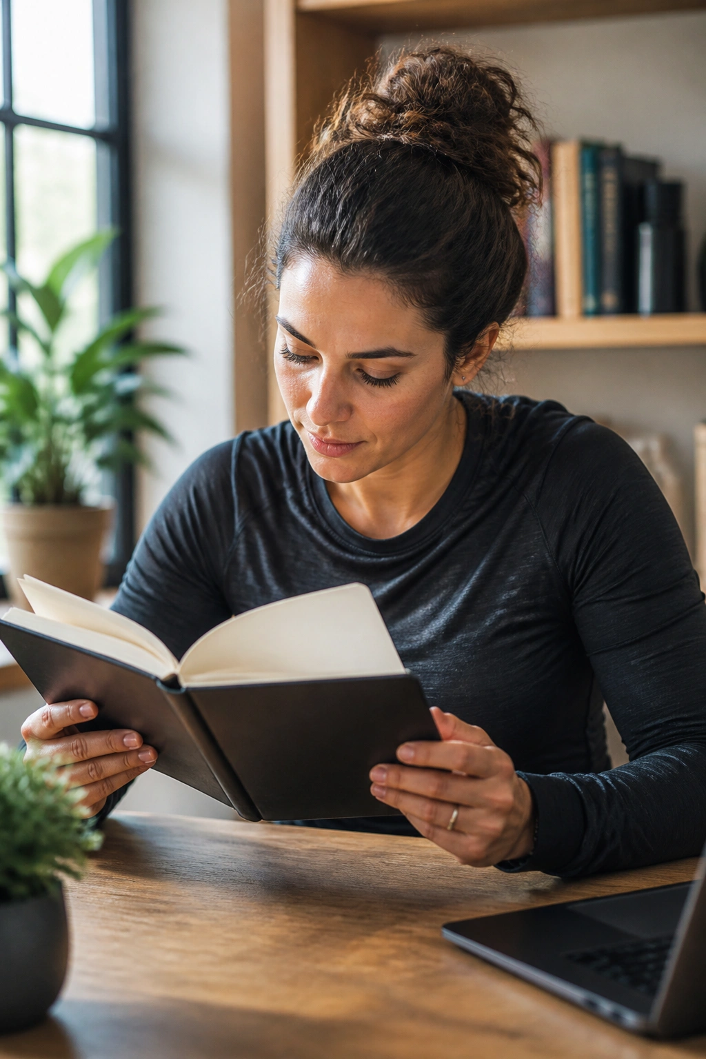 Person reviewing a fitness diary notebook with blank pages