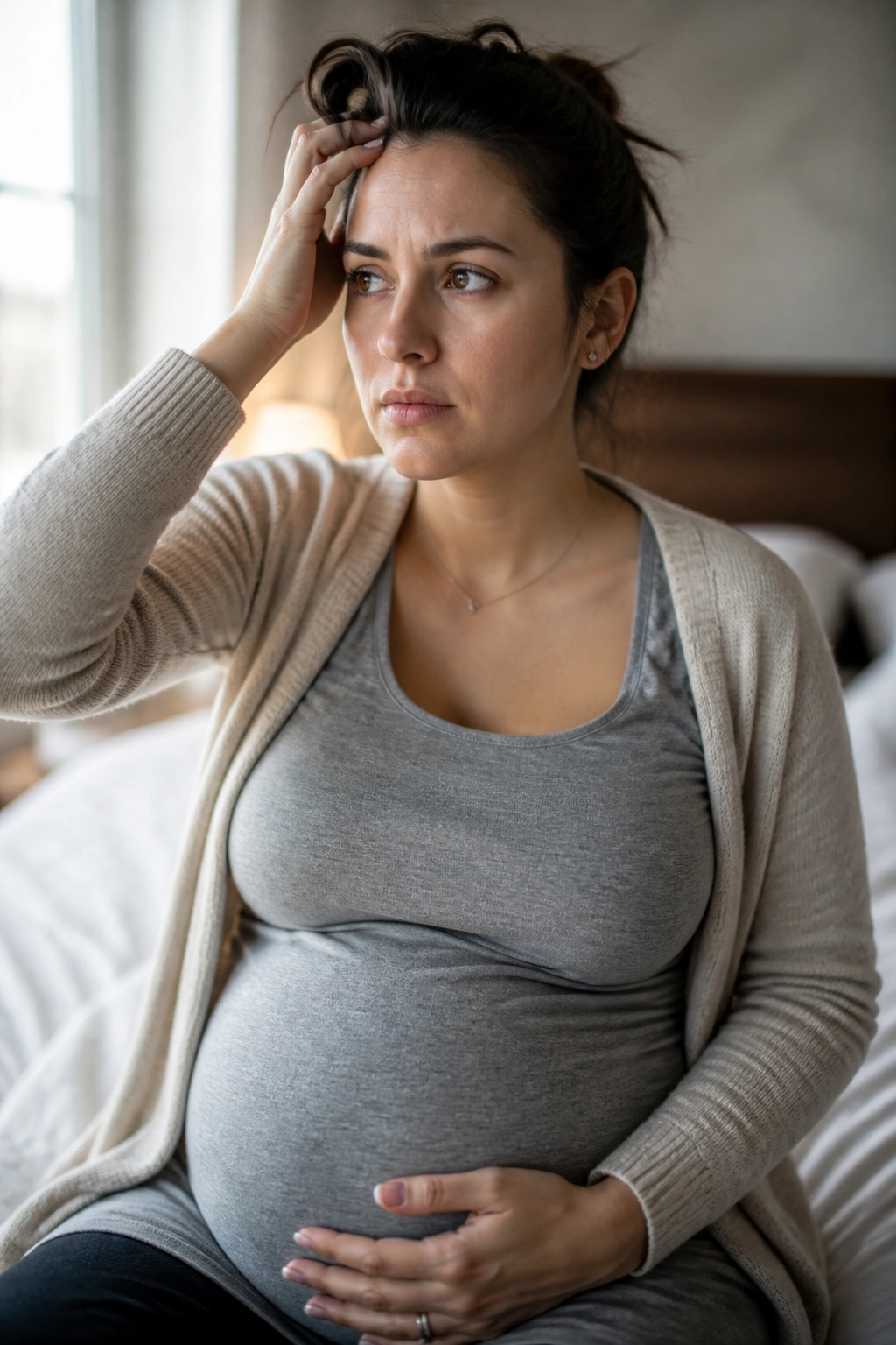Portrait of pregnant woman showing mixed mood expression