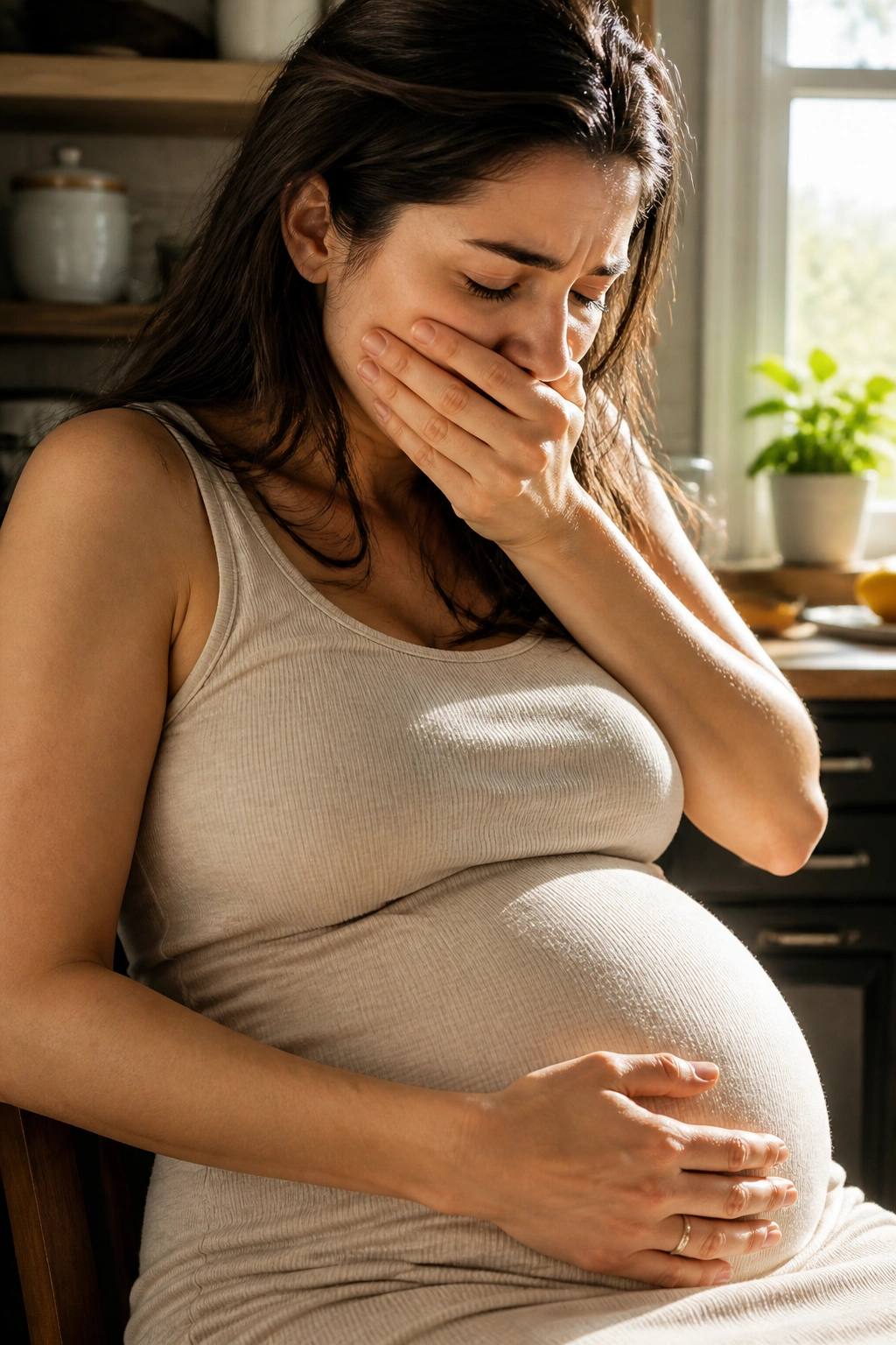 Close-up portrait of a pregnant person showing morning sickness symptoms in a sunlit kitchen
