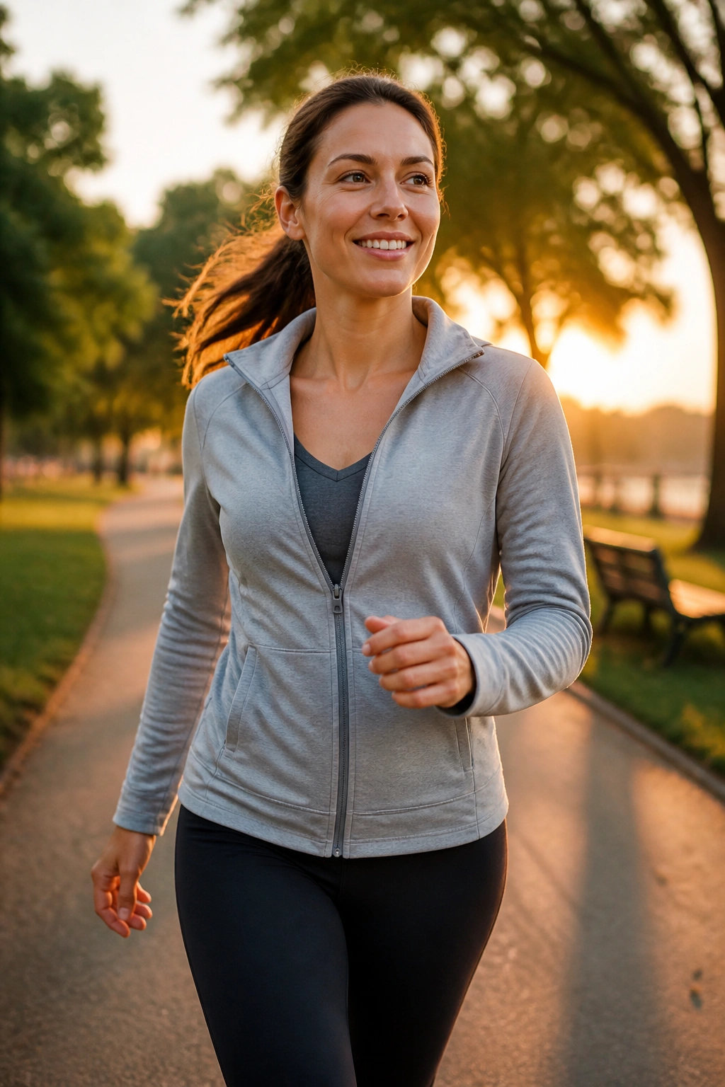Close-up mid-shot of a person walking outdoors at dawn in a park for the 20-Minute Morning Walk Challenge
