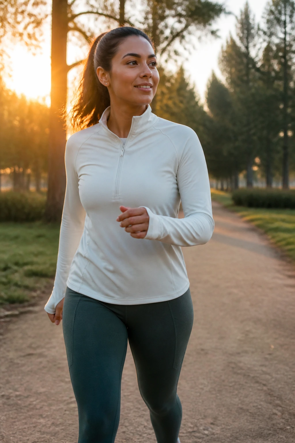 Person walking on a park trail at dawn, showing pace changes